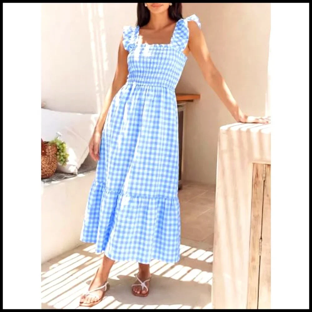 Summer Maxi Dress Spaghetti Strap Smocked Gingham Casual Long Sundress - Picture 5 of 7